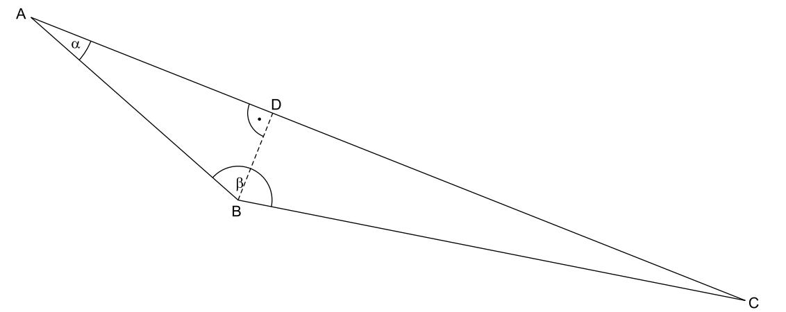 Geometrische Skizze eines Dreiecks ABC mit Punkt D, gestrichelter Verbindung BD und markierten Winkeln α und β.